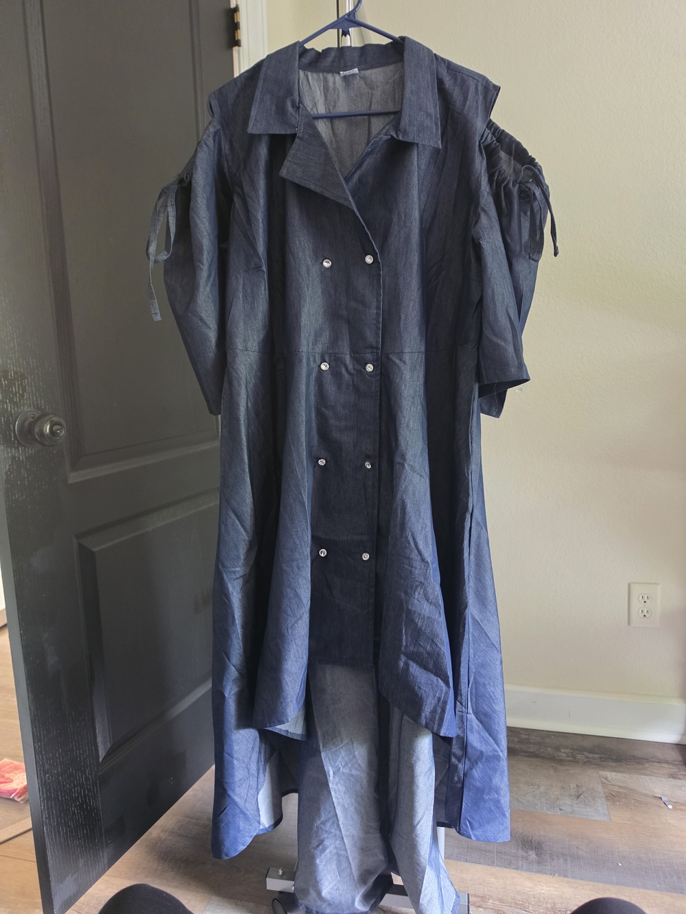 Navy High-Low Button-Front Dress with Tie Sleeve Detail